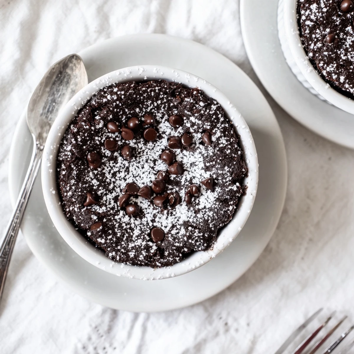 Rich mini chocolate cake dusted with powdered sugar on a white plate