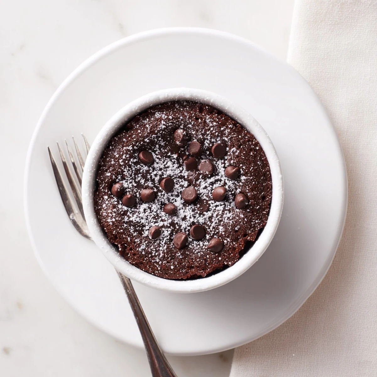 Warm mini chocolate cake served in a ramekin with melting chocolate chips