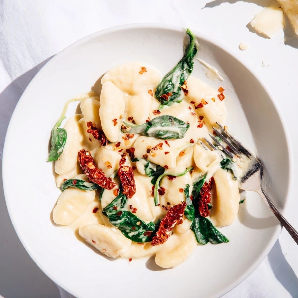 Golden potato gnocchi coated in a velvety parmesan cream sauce with vibrant sun-dried tomatoes and fresh wilted spinach