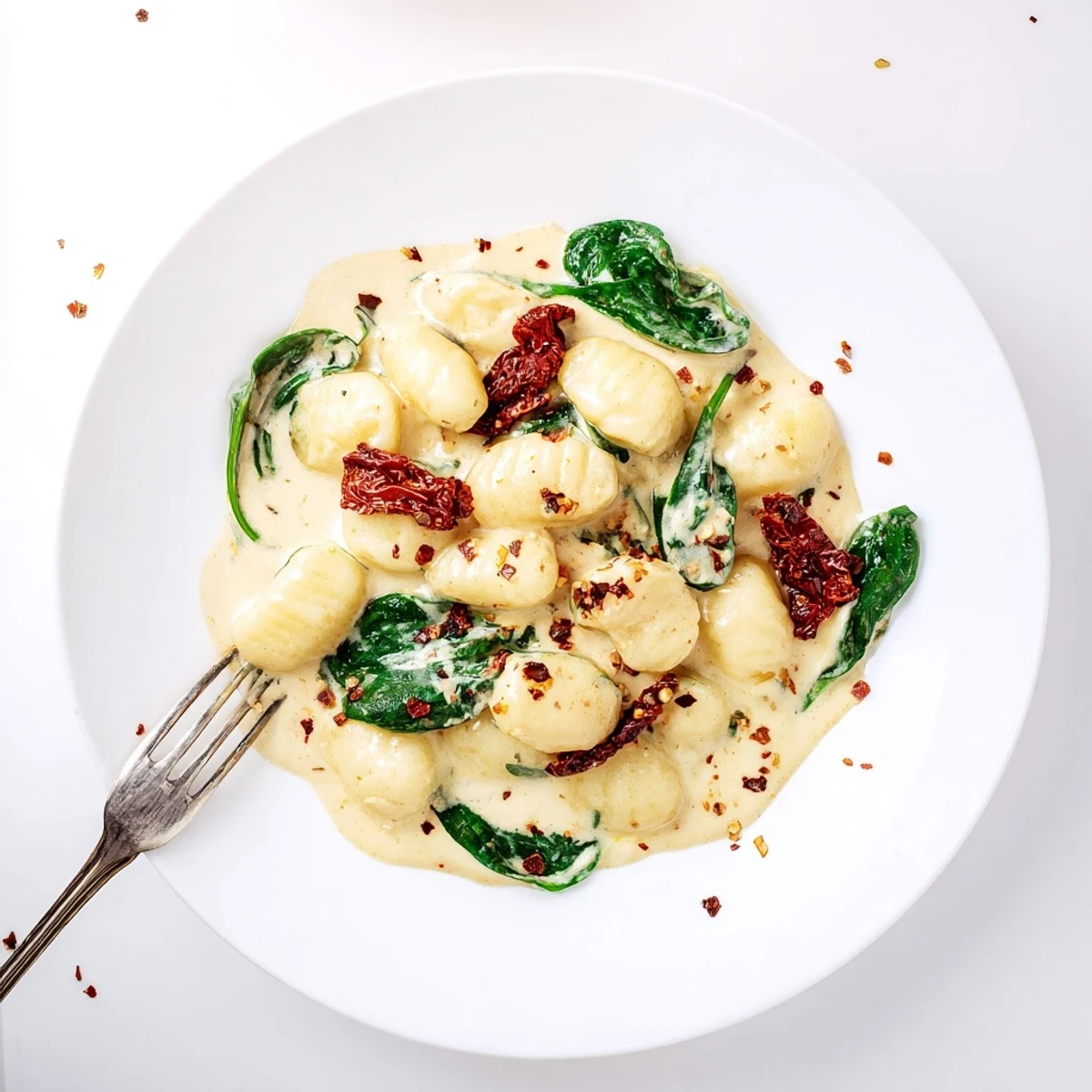 Tender gnocchi tossed in a luscious white cream sauce with chopped sun-dried tomatoes and baby spinach garnished with parmesan