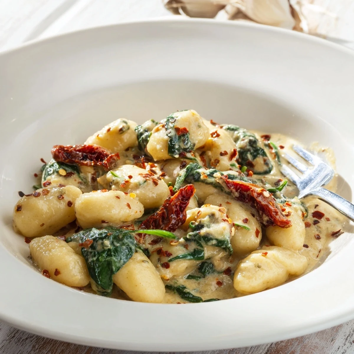 Creamy sun-dried tomato gnocchi plated in a rich garlic parmesan sauce with tender spinach leaves sprinkled with fresh basil