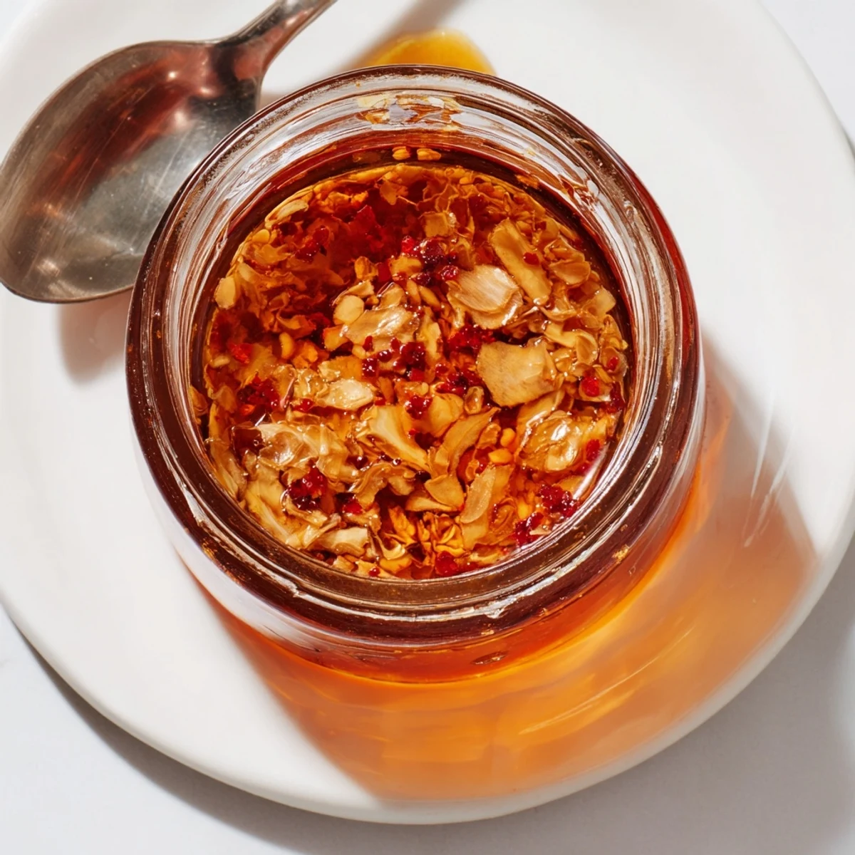 Glass jar filled with Trader Joe's Chili Onion Crunch topped with crispy fried shallots and golden garlic pieces