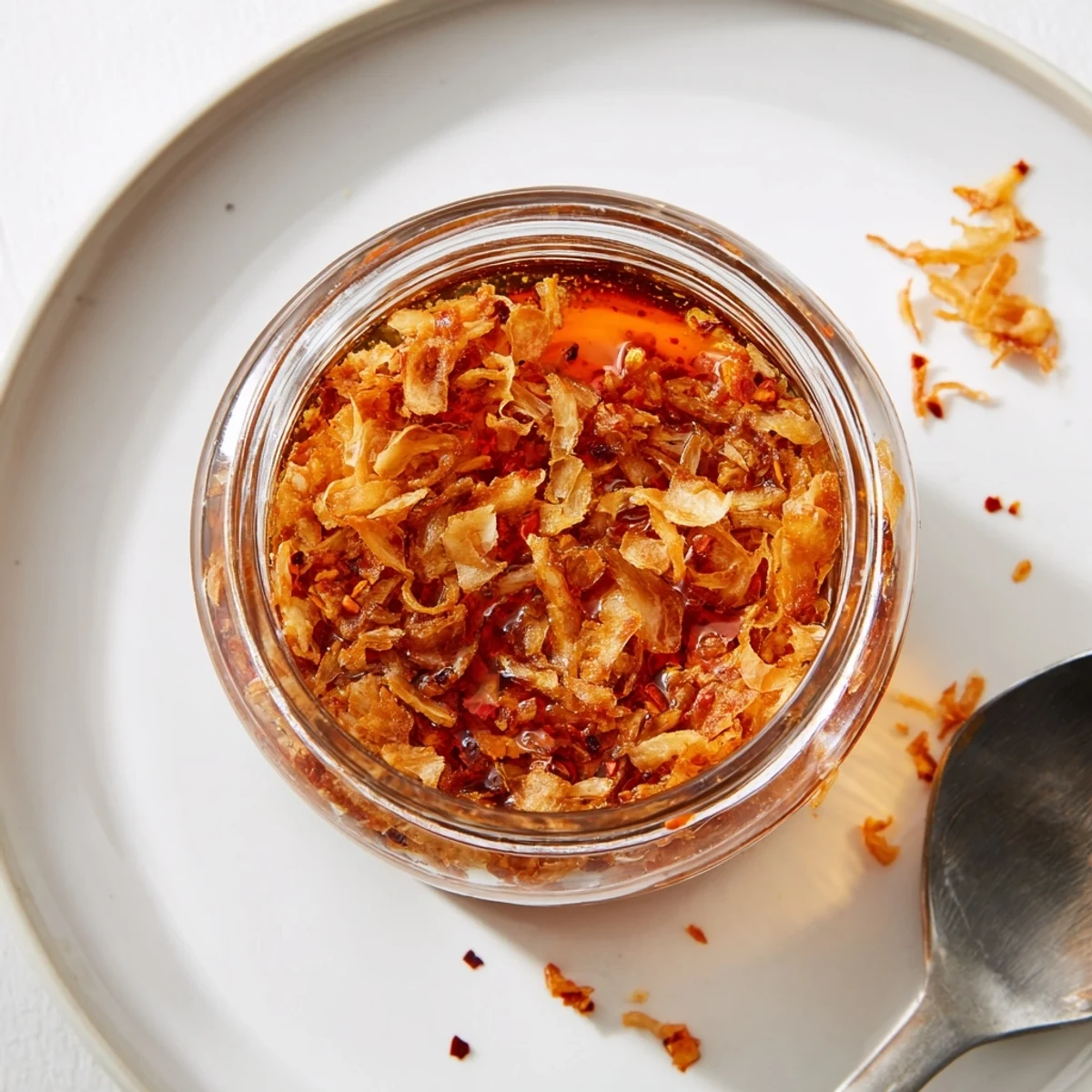 Rich amber oil infused with red pepper flakes surrounds crispy Trader Joe's Chili Onion Crunch condiment in a rustic bowl