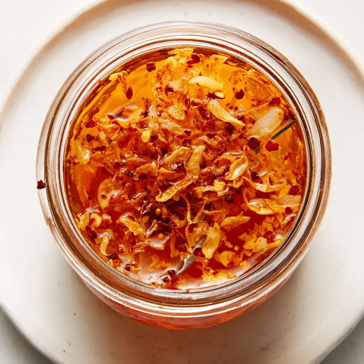 Spoonful of Trader Joe's Chili Onion Crunch showcasing vibrant red chili flakes and aromatic crispy onion-garlic mixture