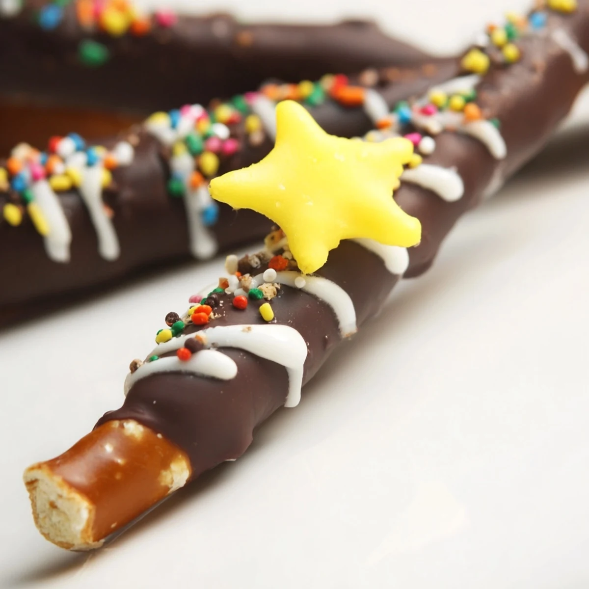 Whimsical chocolate dipped pretzel rods decorated like holiday trees with white chocolate drizzle and sprinkles
