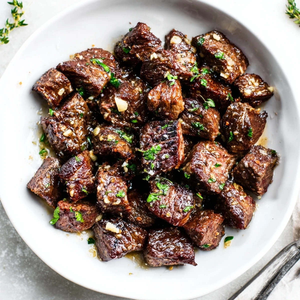 Garlic Butter Steak Bites sizzling in cast-iron, glossy butter sauce, parsley sprinkle