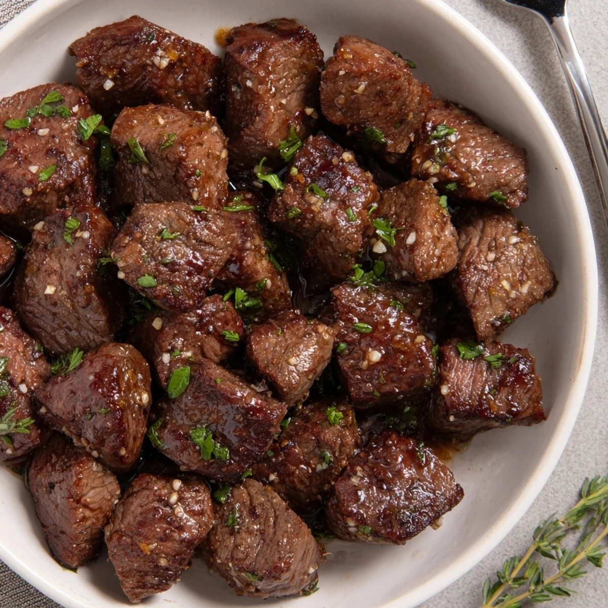 Juicy Garlic Butter Steak Bites served over mashed potatoes, flaky sea salt