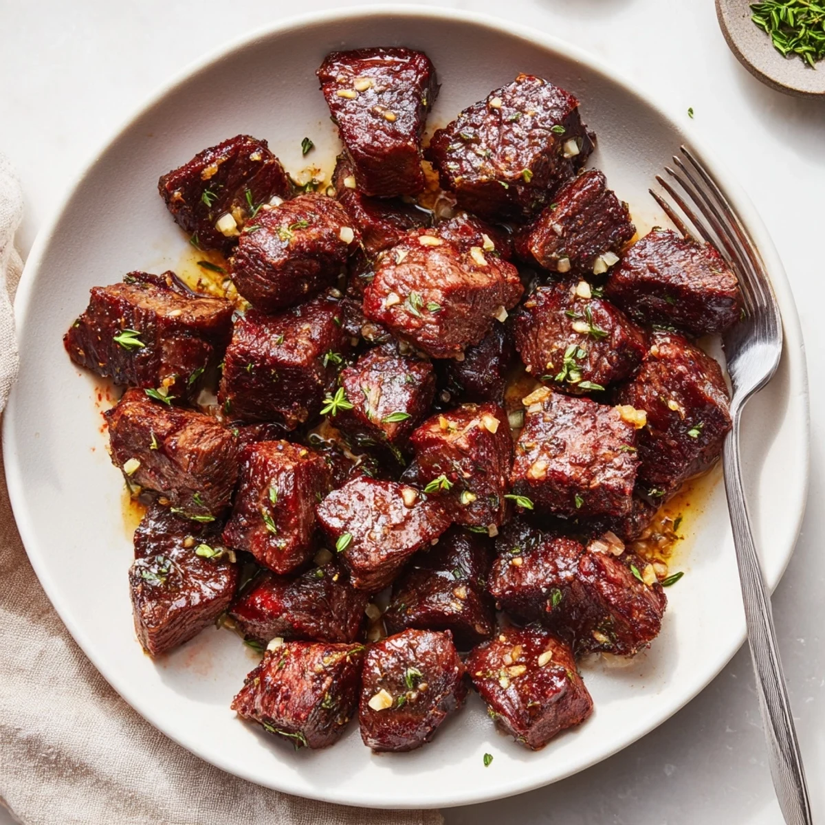Pan-seared Garlic Butter Steak Bites with browned crust and fragrant garlic aroma