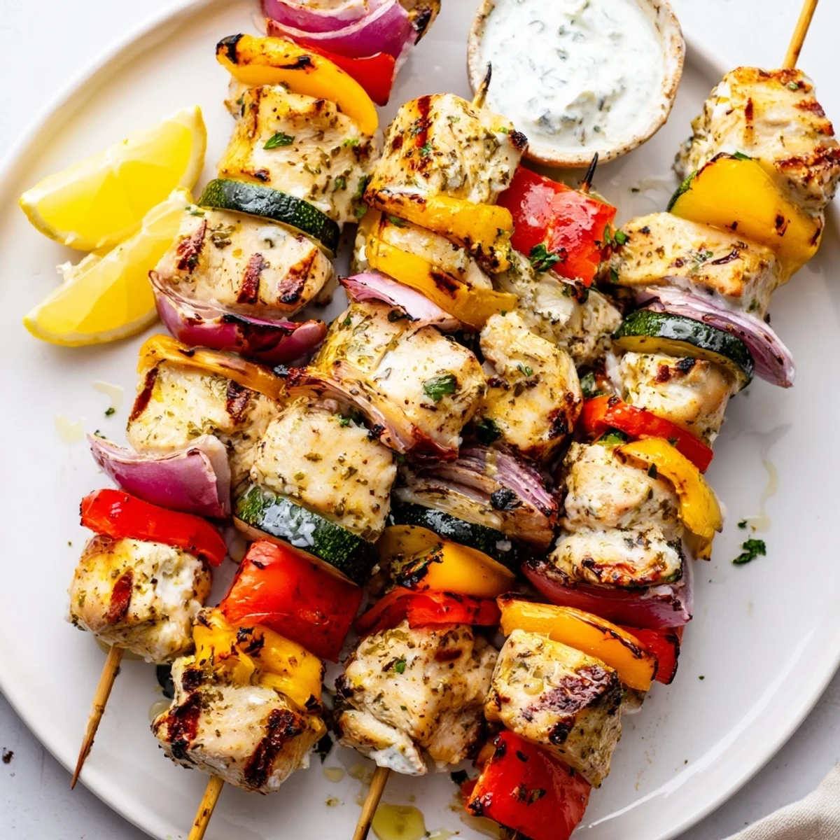Greek Marinated Chicken Kabobs sizzling on grill with charred vegetables and lemon