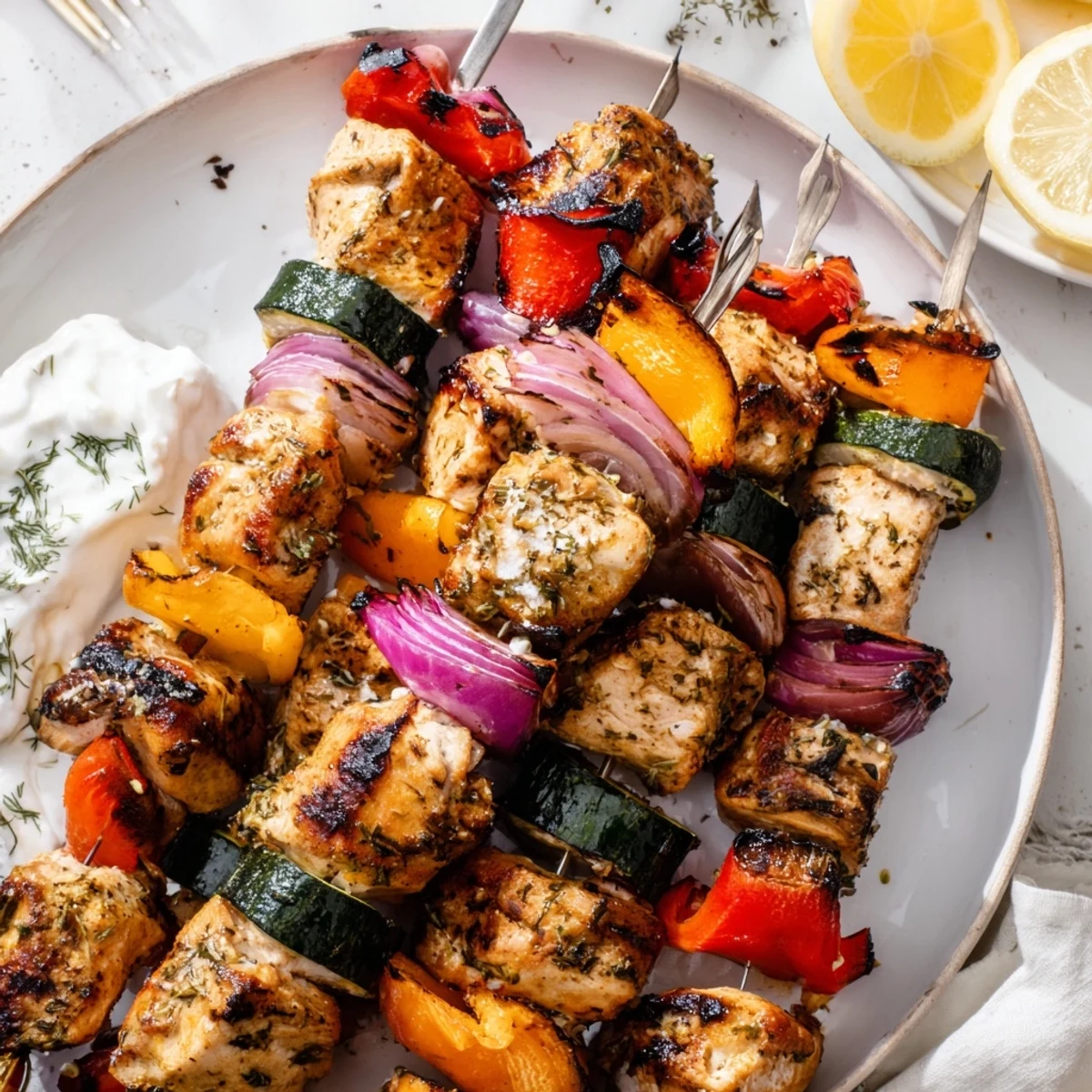 Plated Greek Marinated Chicken Kabobs over rice with tzatziki and fresh parsley