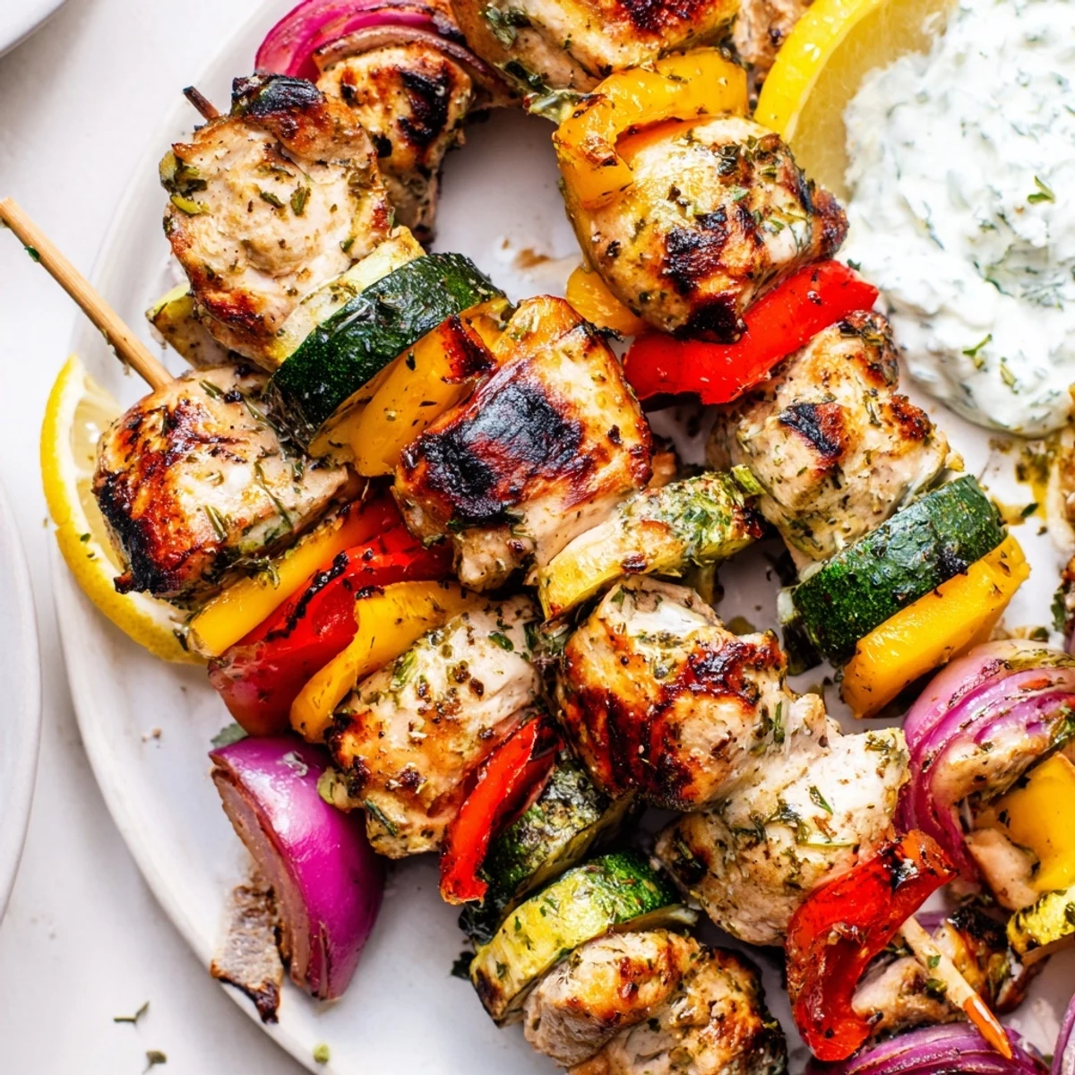 Juicy Greek Marinated Chicken Kabobs skewered with zucchini, bell peppers, smoky aroma
