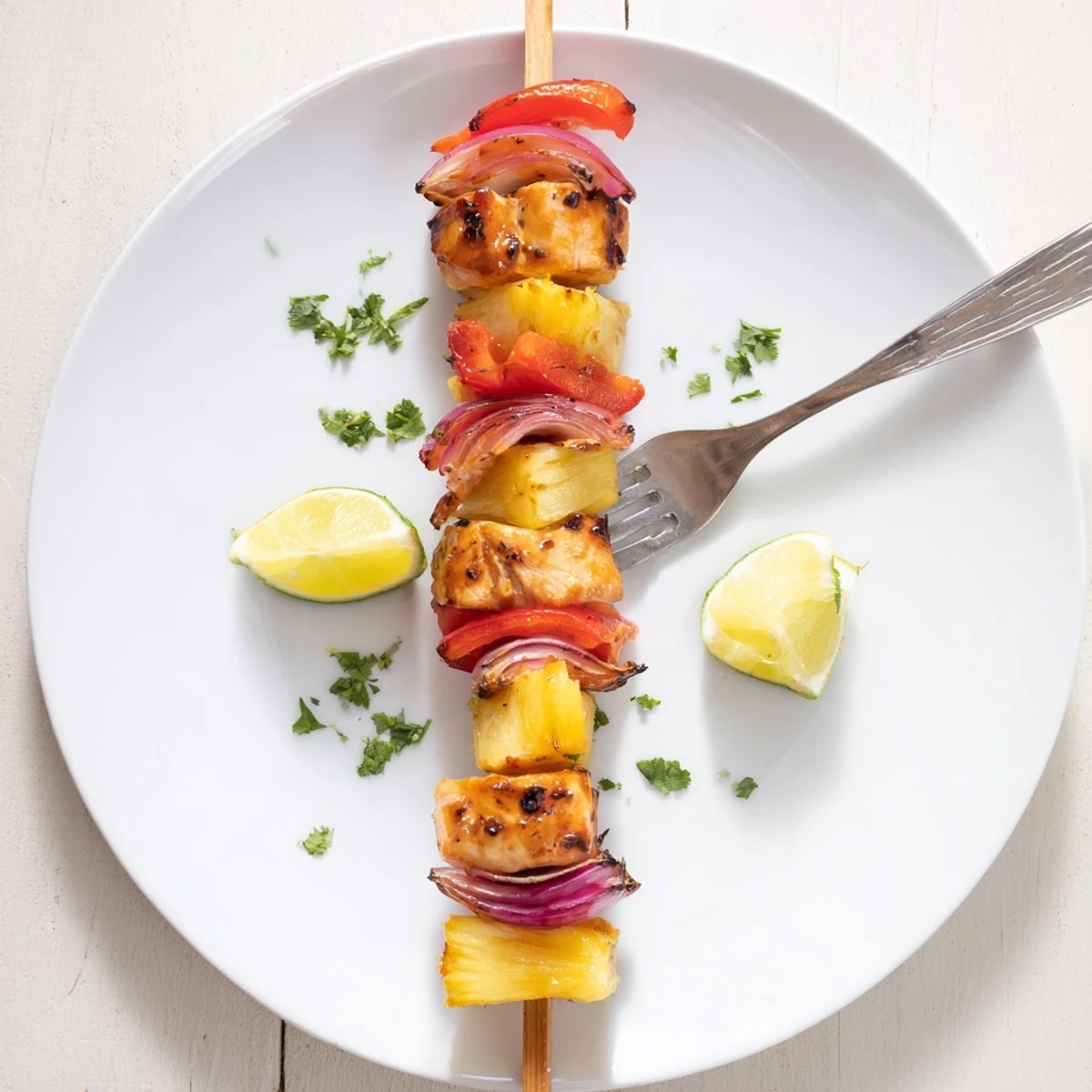 Plate of Grilled Pineapple Chicken Kabobs sizzling on the grill, cilantro garnish.