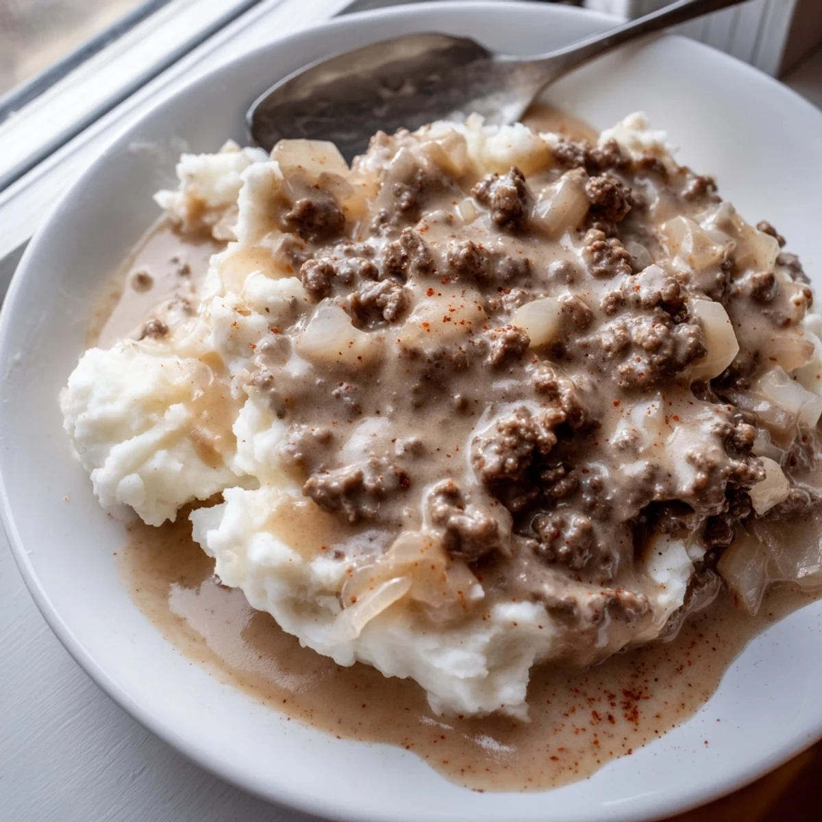 Golden homemade hamburger gravy ladled over creamy mashed potatoes in a white bowl