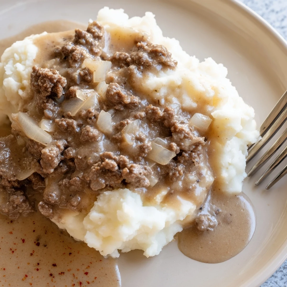 Thick savory homemade hamburger gravy with ground beef chunks served over fluffy buttered biscuits
