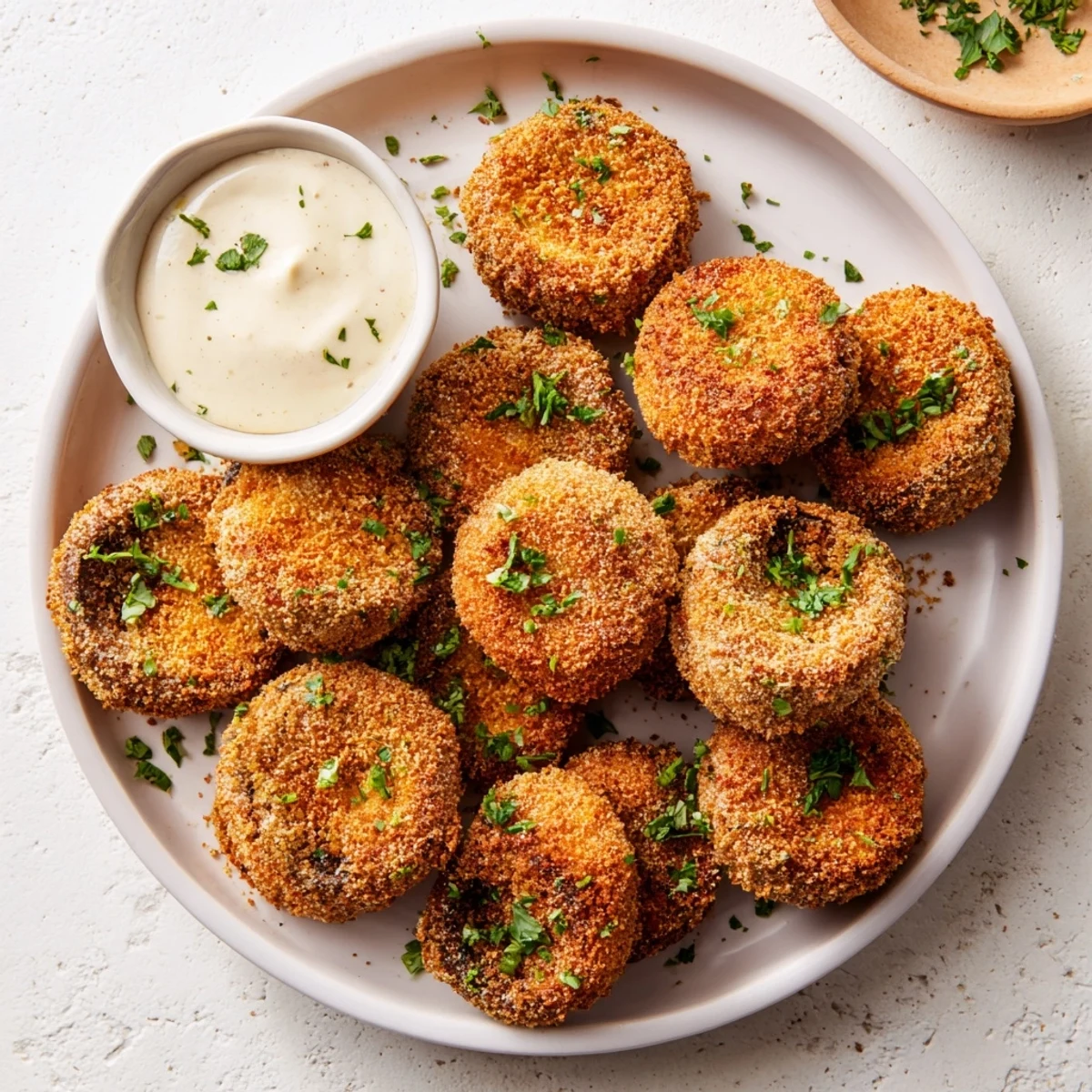 Basket of hot crispy fried mushrooms served with creamy dipping sauce for appetizers