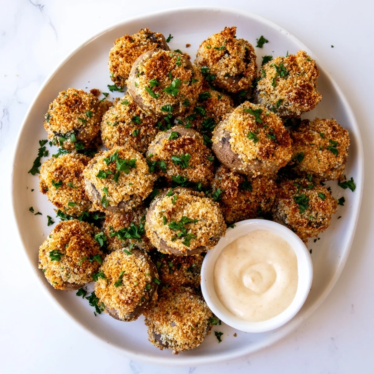 Golden brown crispy fried mushrooms arranged on a serving platter with fresh parsley garnish