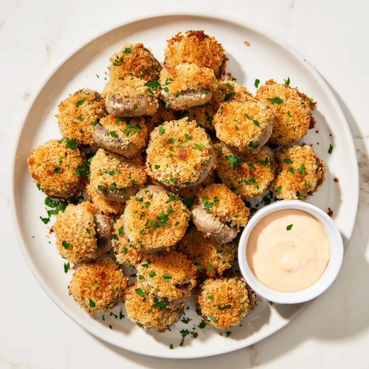 Close-up of perfectly fried crispy mushrooms showing crunchy golden breadcrumb coating texture