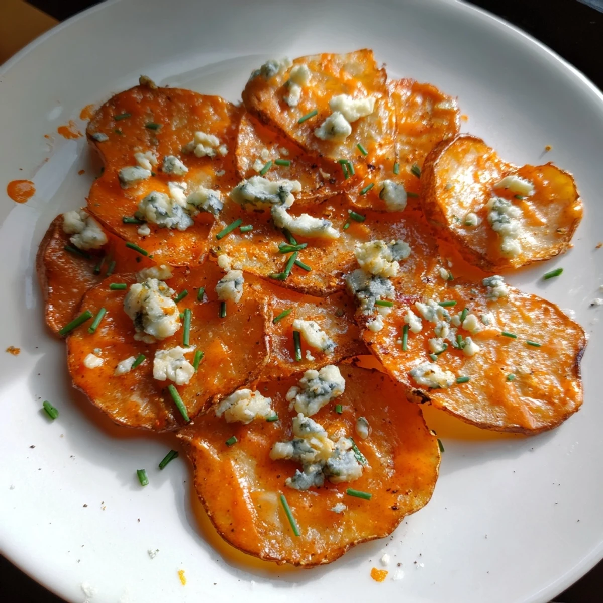 Plate of homemade Buffalo chips drizzled with hot sauce and topped with blue cheese crumbles