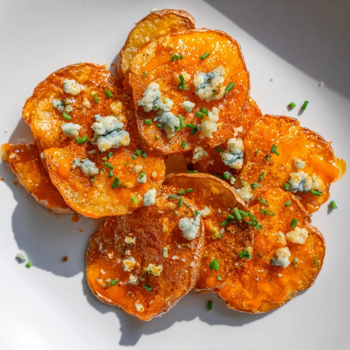 Golden crispy Buffalo chips tossed in spicy red sauce and sprinkled with fresh chives