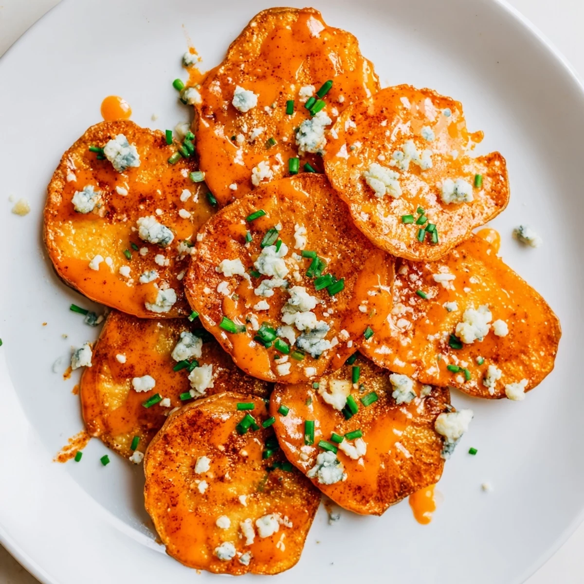 Crispy potato Buffalo chips coated in buttery hot sauce perfect for game day snacking