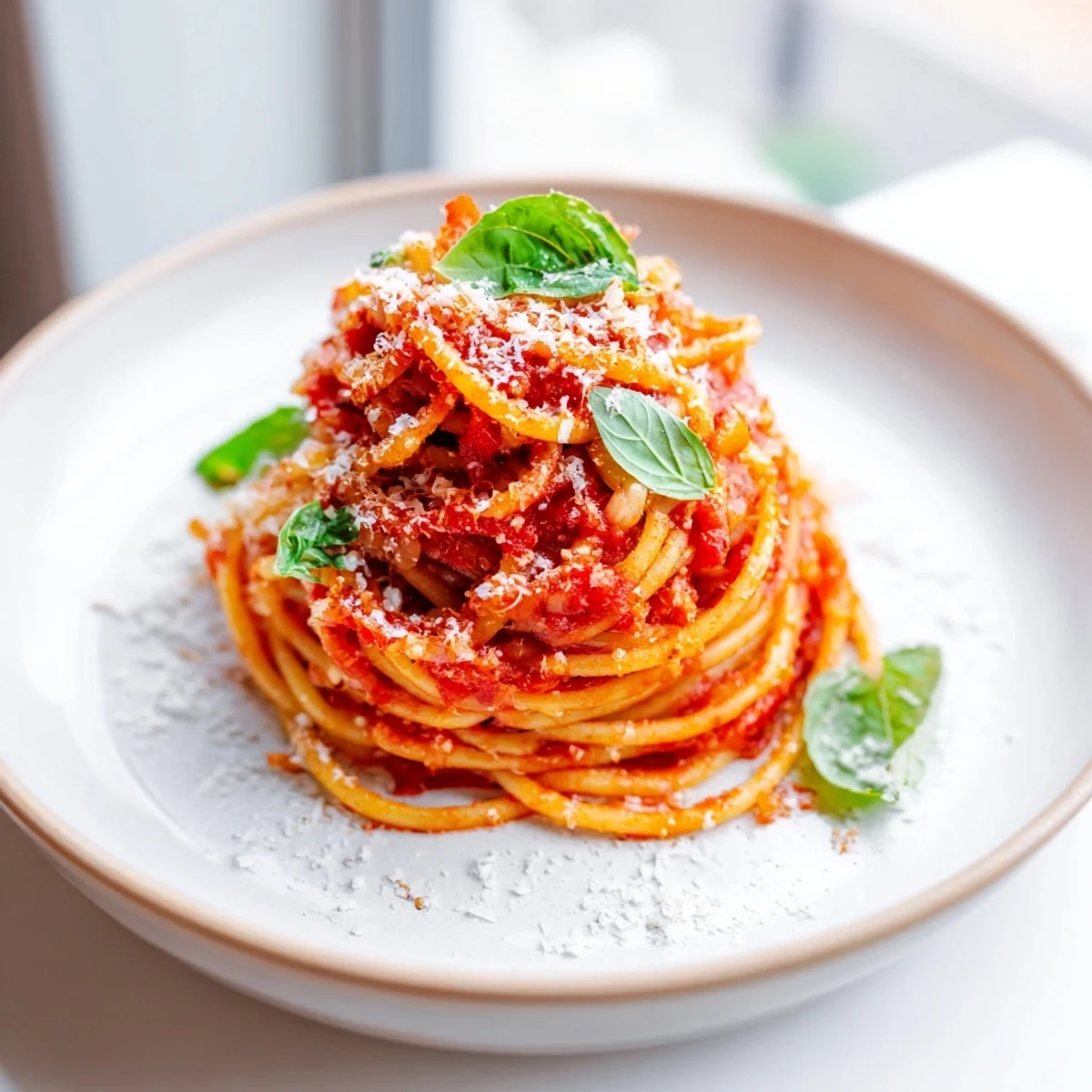Steamy bowl of classic Italian pasta tossed in vibrant red tomato sauce with fresh basil garnish