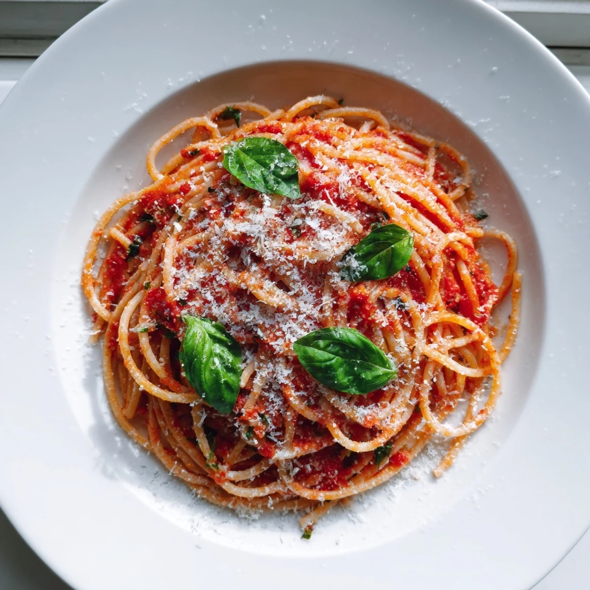 Hearty Italian pasta dish with al dente noodles swimming in savory tomato sauce and grated cheese