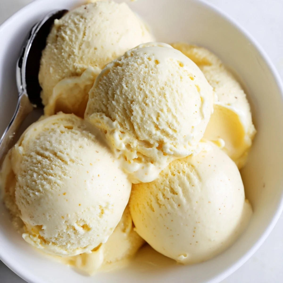 Two scoops of velvety vanilla ice cream melting slightly in a classic ceramic dessert bowl