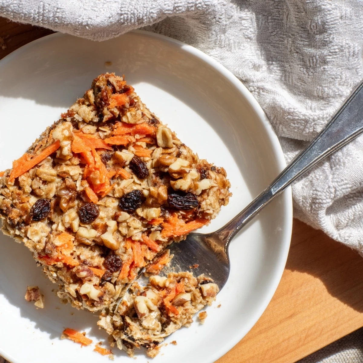 Warm carrot cake baked oatmeal squares topped with yogurt and maple syrup drizzle