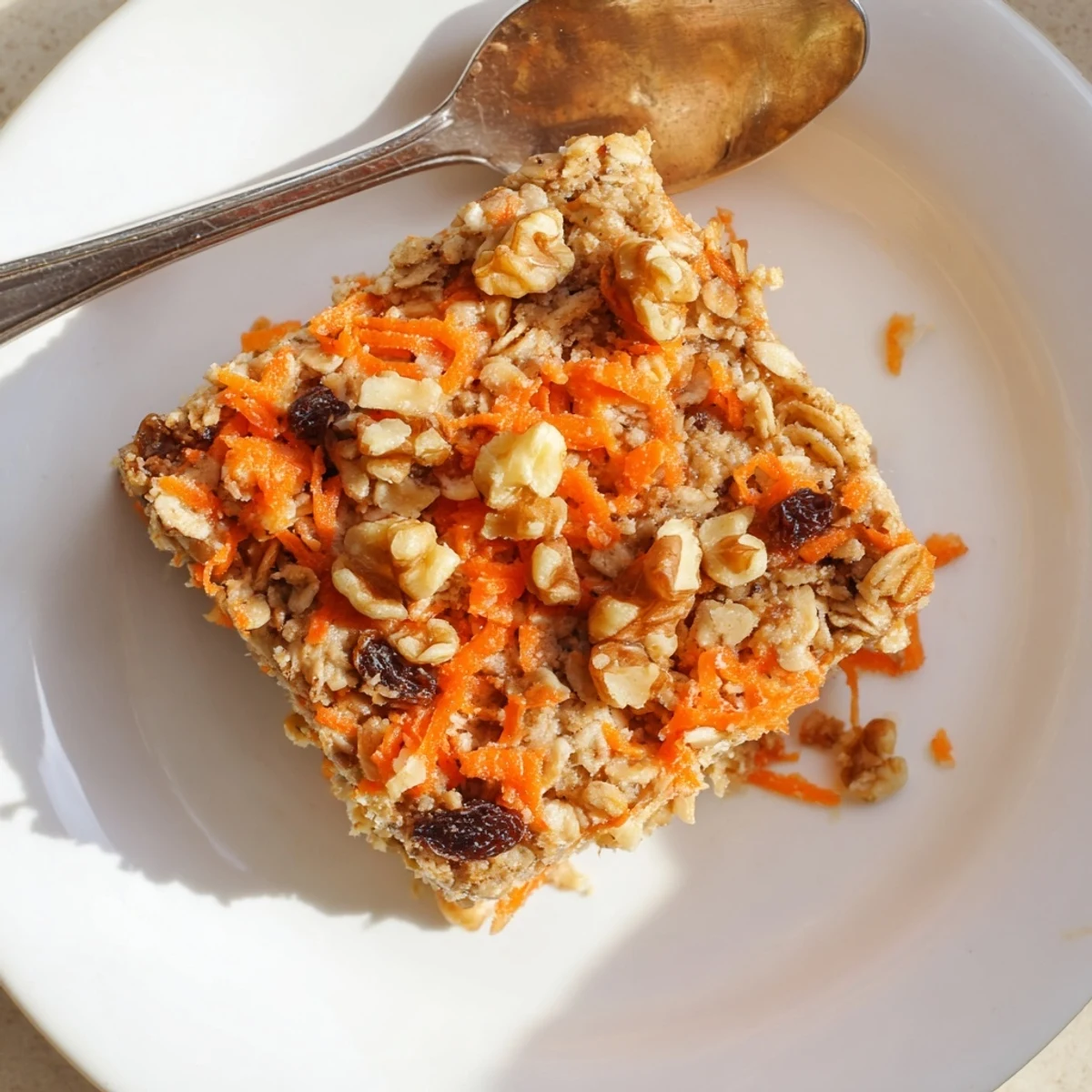 Hearty oatmeal breakfast bake featuring shredded carrots, raisins, and aromatic spice blend
