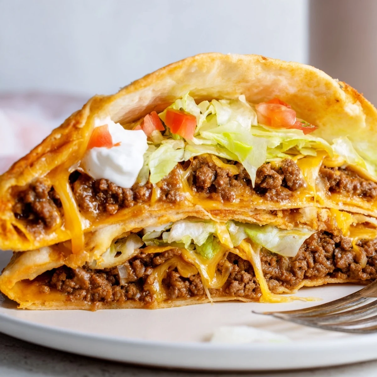 Warm Ultimate Cheesy Beef Crunch Wraps halved, gooey cheese melting beside salsa