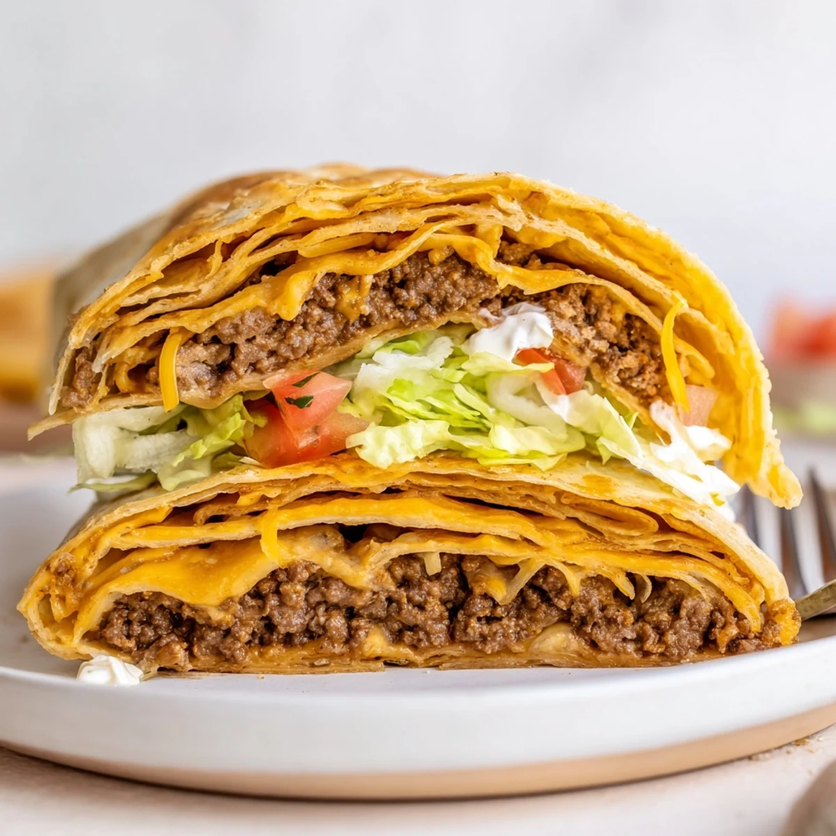 Skillet seared Ultimate Cheesy Beef Crunch Wraps with crunchy tostada layer, sour cream