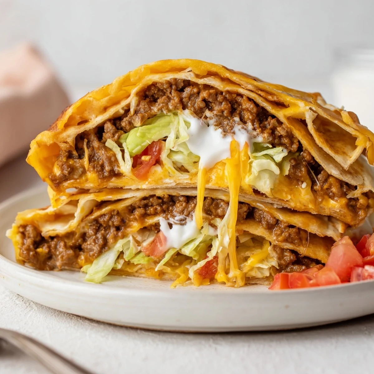 Golden, crisp Ultimate Cheesy Beef Crunch Wraps stuffed with seasoned beef and lettuce