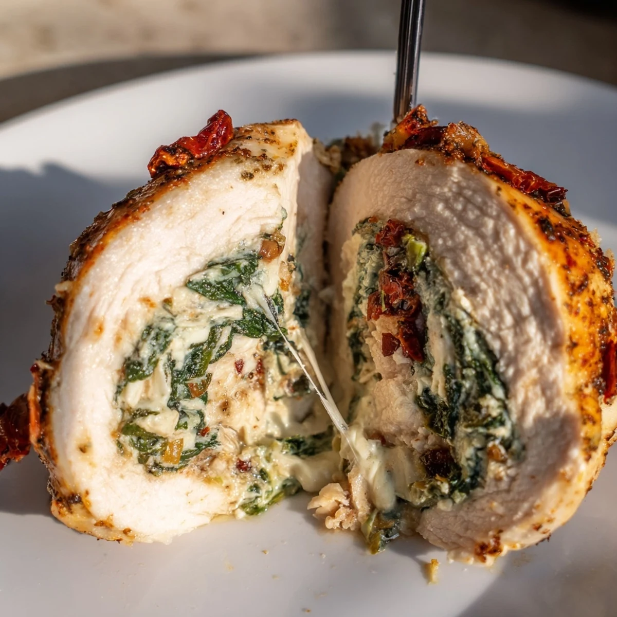 Oven-baked Cheesy Spinach Stuffed Chicken Sun Dried Tomato Flavor served with salad.