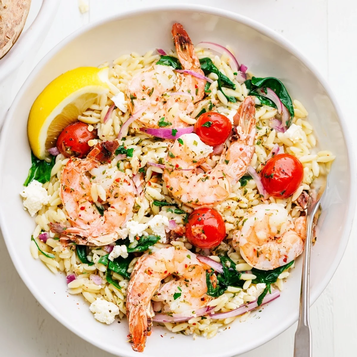 Lemon Feta Orzo Shrimp Recipe served steaming with bright lemon wedges and parsley
