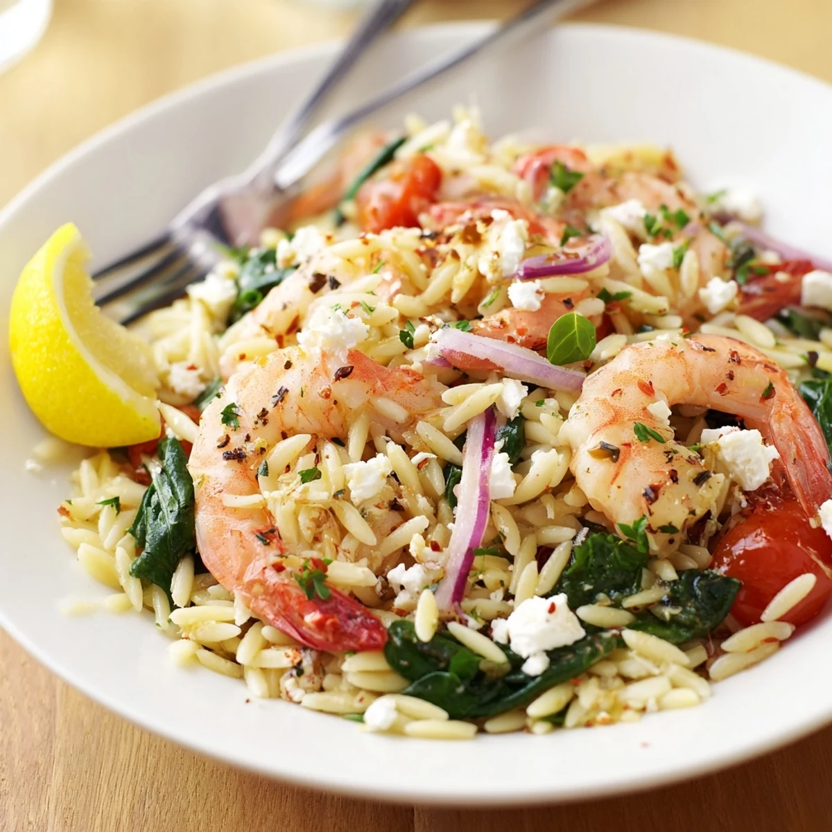 Creamy Lemon Feta Orzo Shrimp Recipe plated for weeknight dinner, tangy and fragrant