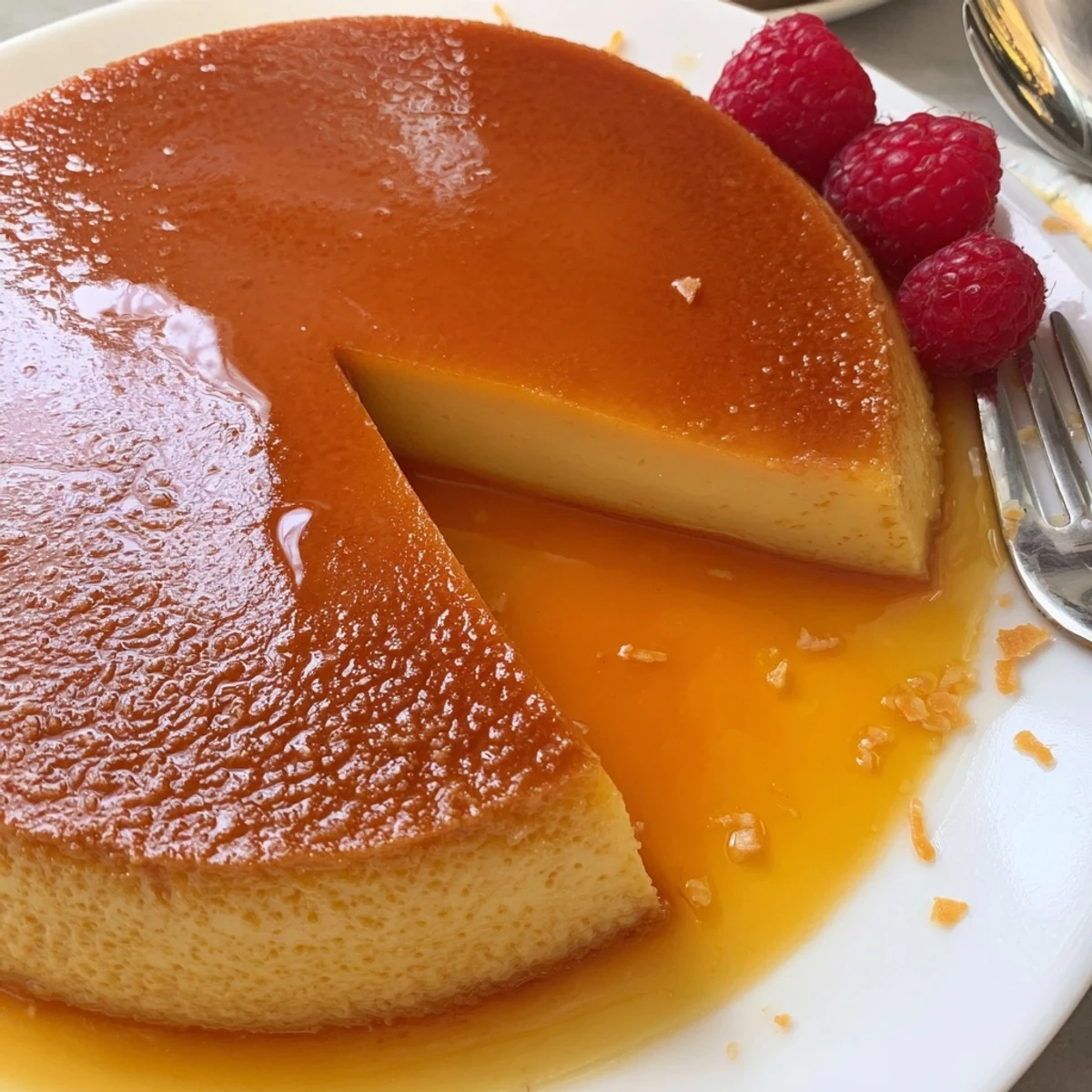 Silky Flan Napolitano topped with glossy caramel, sliced on white plate