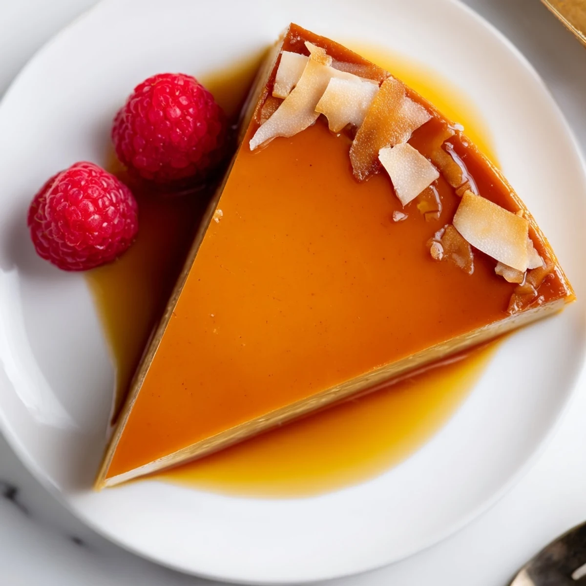 Chilled Flan Napolitano glistening under caramel, garnished with orange zest and berries