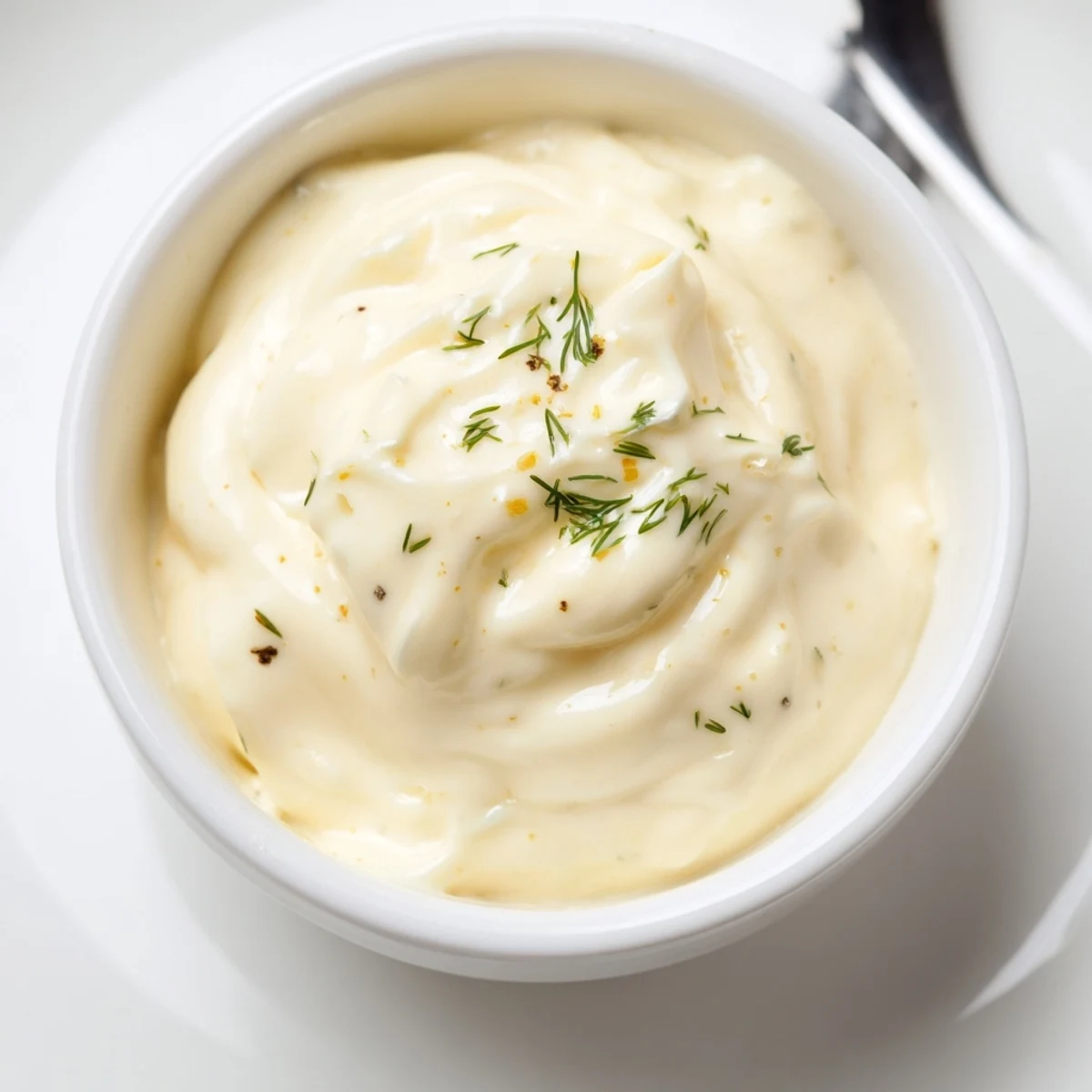 Creamy Tangy Sauce glistening in a bowl, zesty lemon aroma, herb flecks
