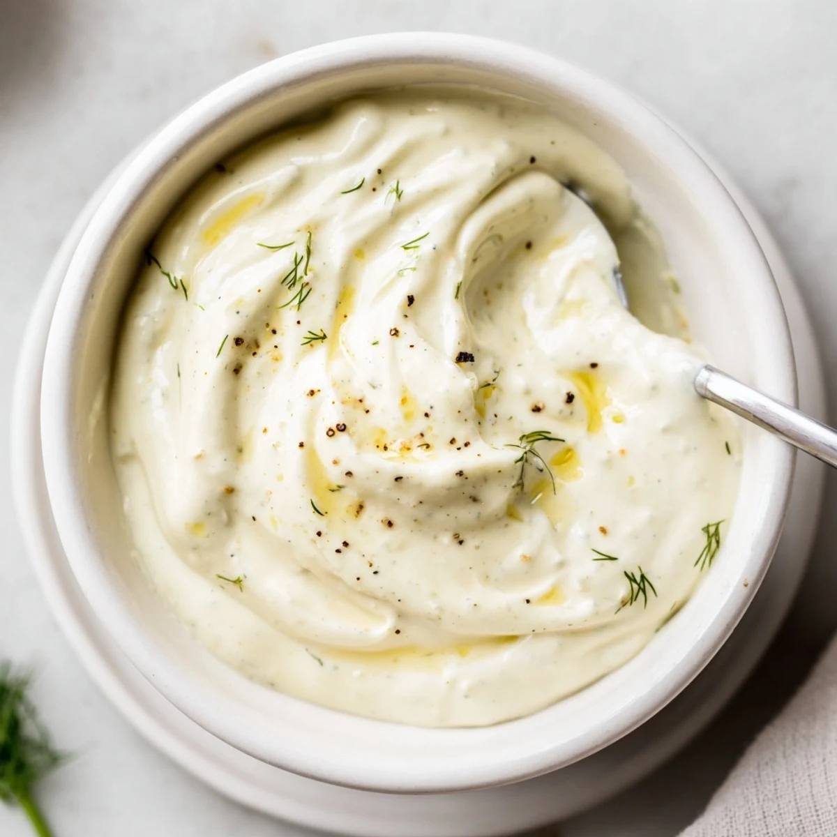 Chilled Creamy Tangy Sauce spooned over roasted vegetables, bright, smooth texture