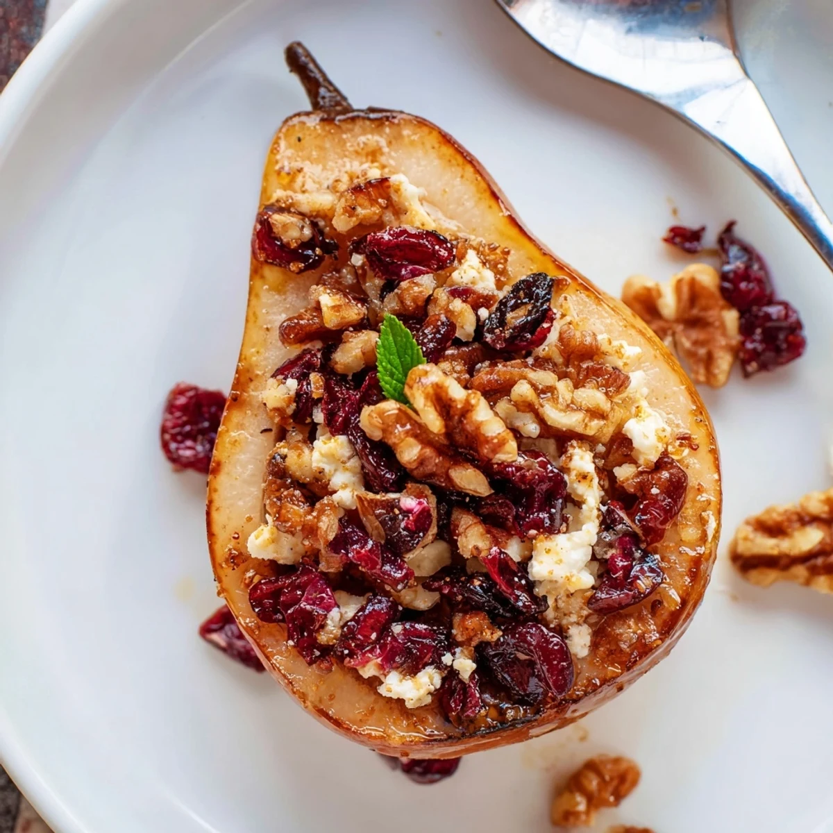 Baked Pears With Feta Honey Cranberries served warm with creamy Greek yogurt