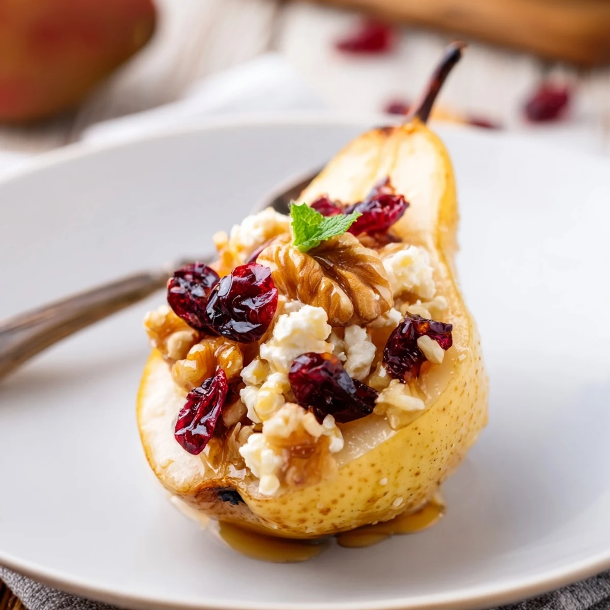 Roasted halves of Baked Pears With Feta Honey Cranberries, mint garnish  