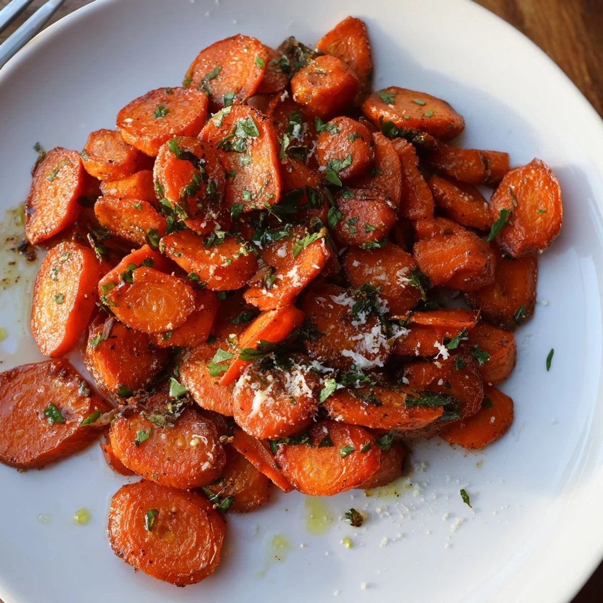 Warm Crispy Smashed Carrots served with lemon wedge and grated Parmesan