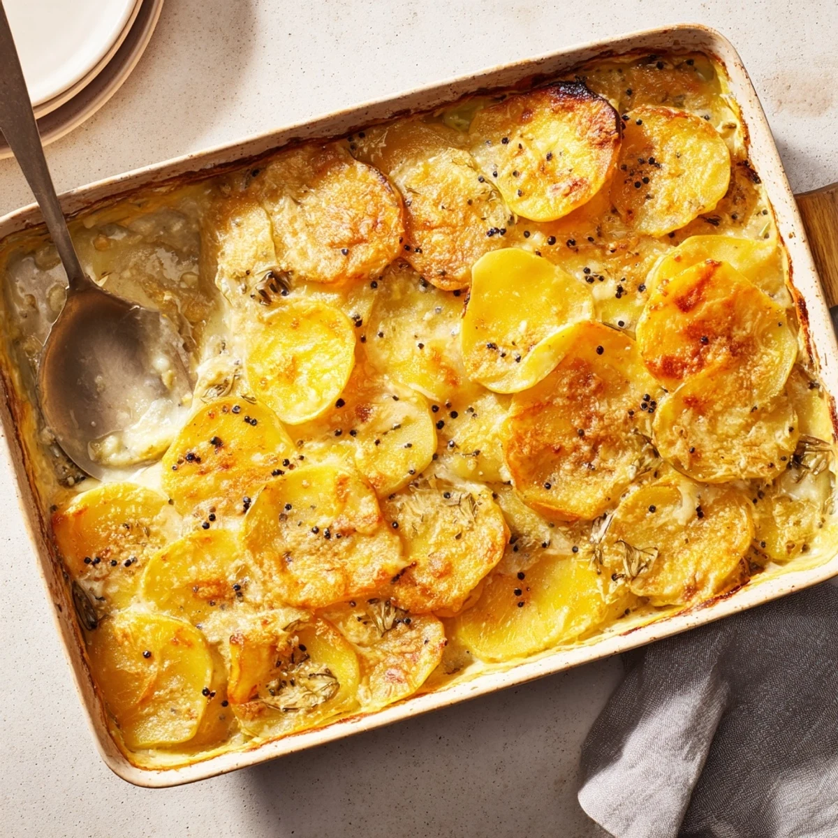 Golden brown Nigella potato gratin with bubbling Gruyère cheese and aromatic nigella seeds