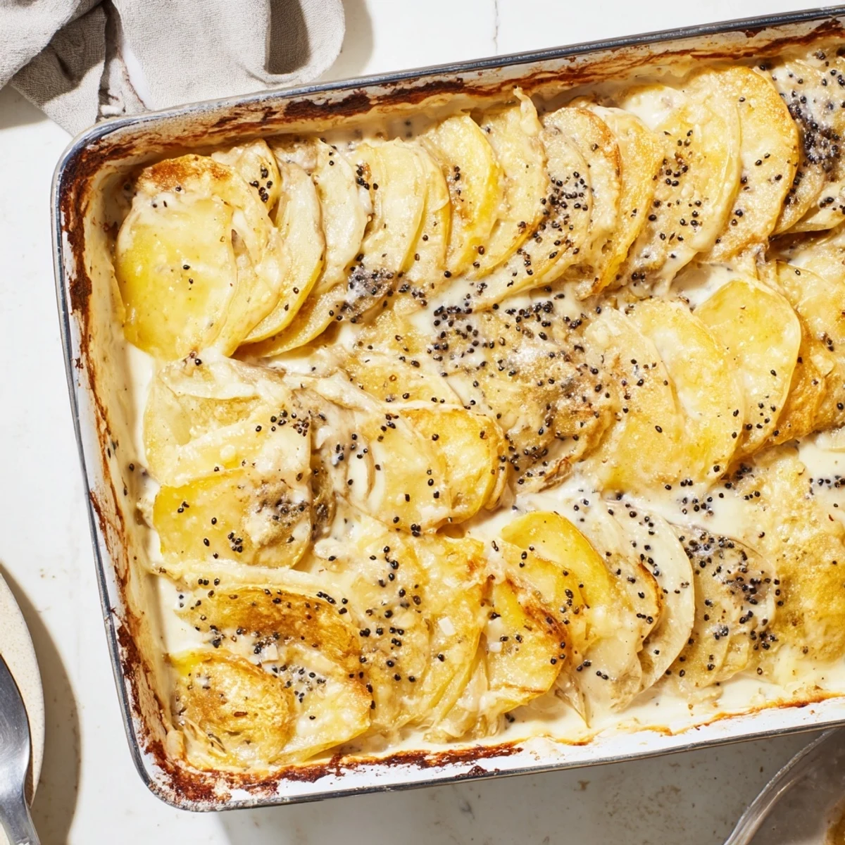Savory Nigella potato gratin fresh from oven with golden crust and aromatic spice topping