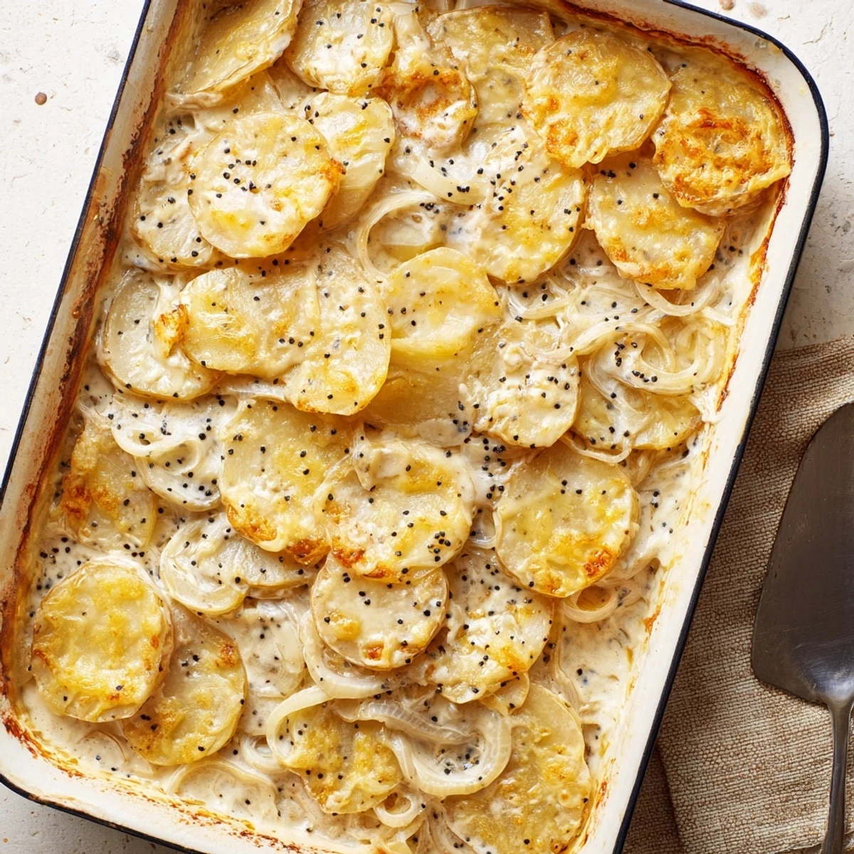 Creamy layered potato gratin topped with melted cheese and crunchy black nigella seeds