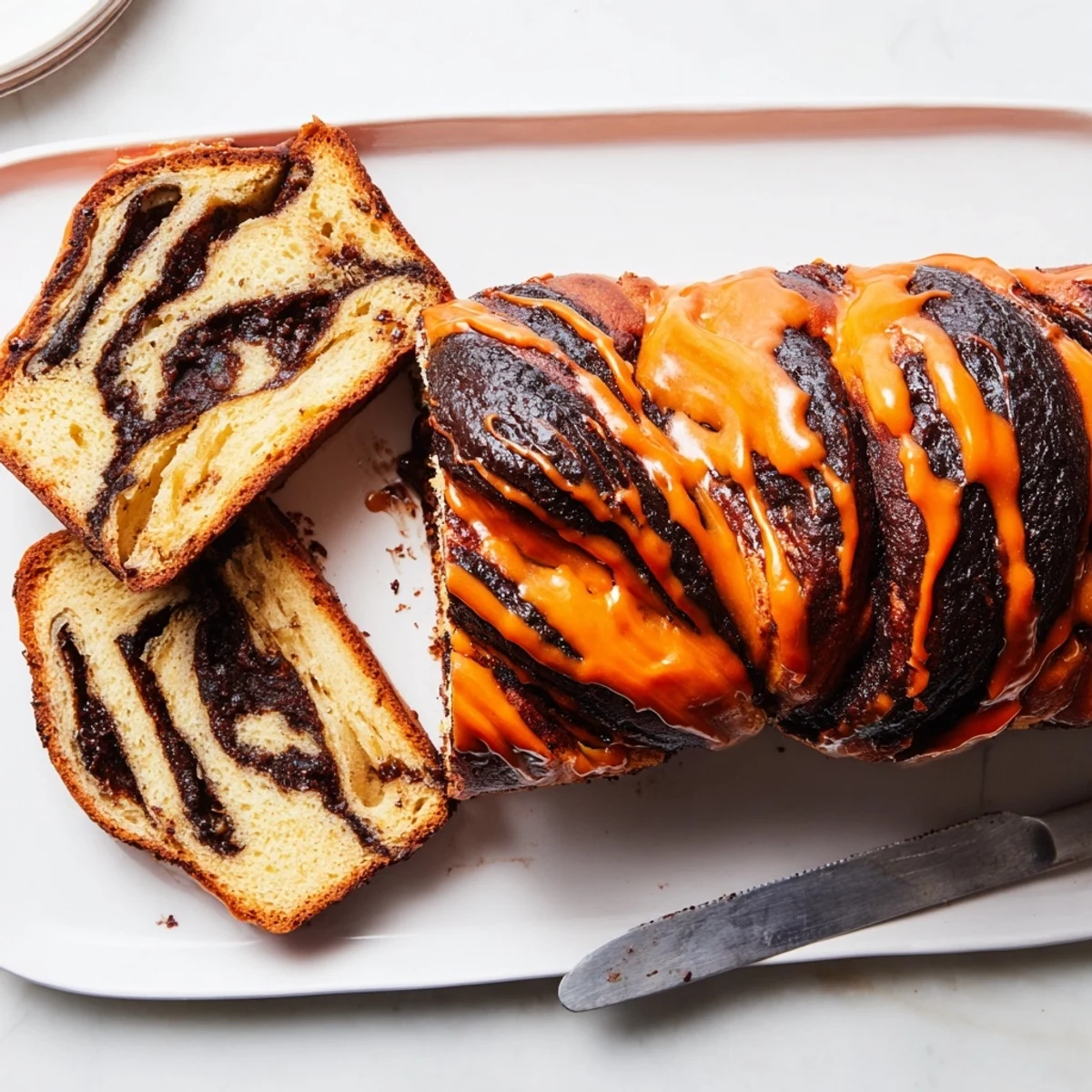 Orange glazed chocolate babka loaf with glossy orange drizzle on a serving board