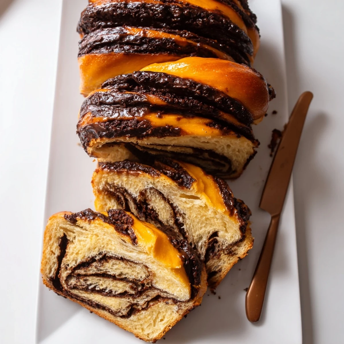 Twisted chocolate babka bread swirled with dark chocolate and topped with sweet orange glaze