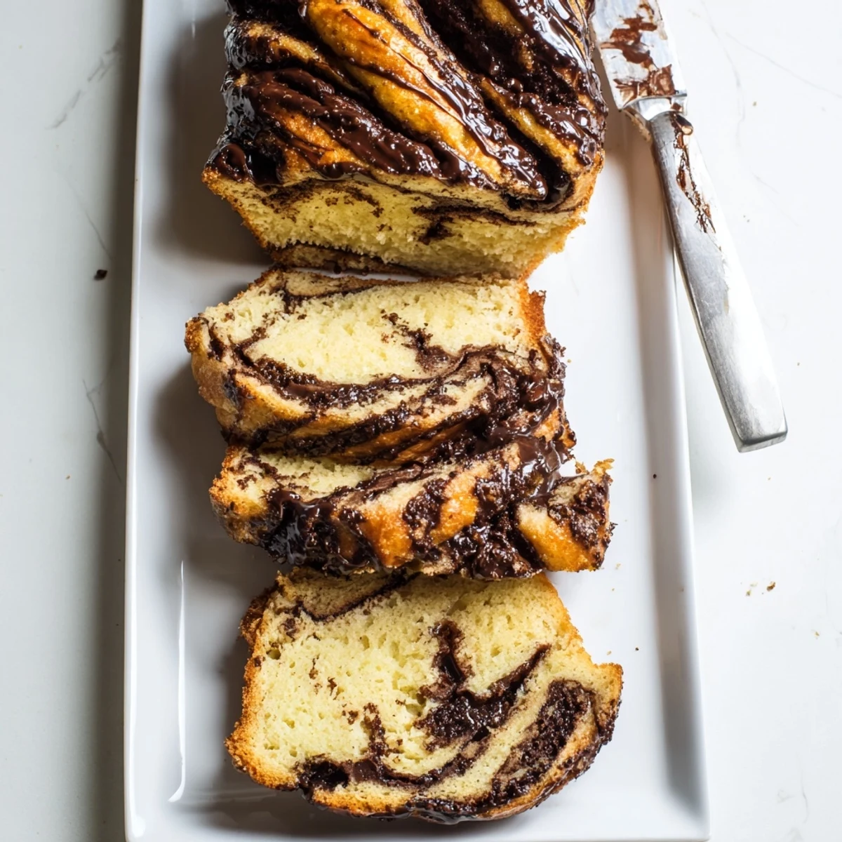 Freshly baked orange glazed chocolate babka slice revealing tender chocolate swirls inside