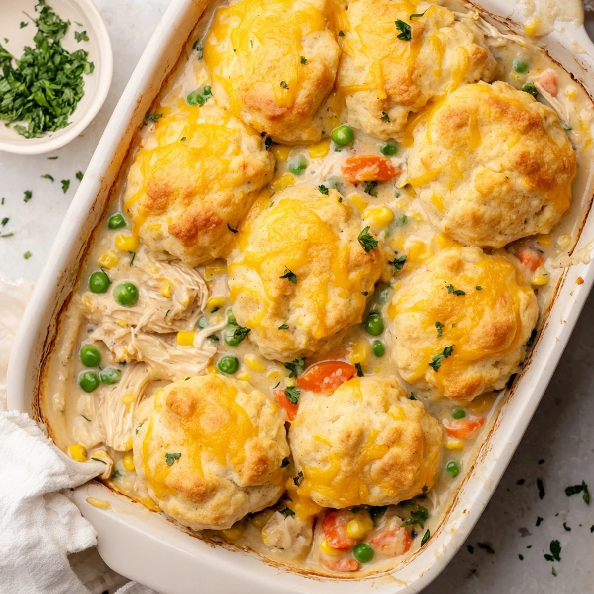 Savory chicken and vegetable casserole baked beneath melted cheddar biscuits brushed with garlic butter