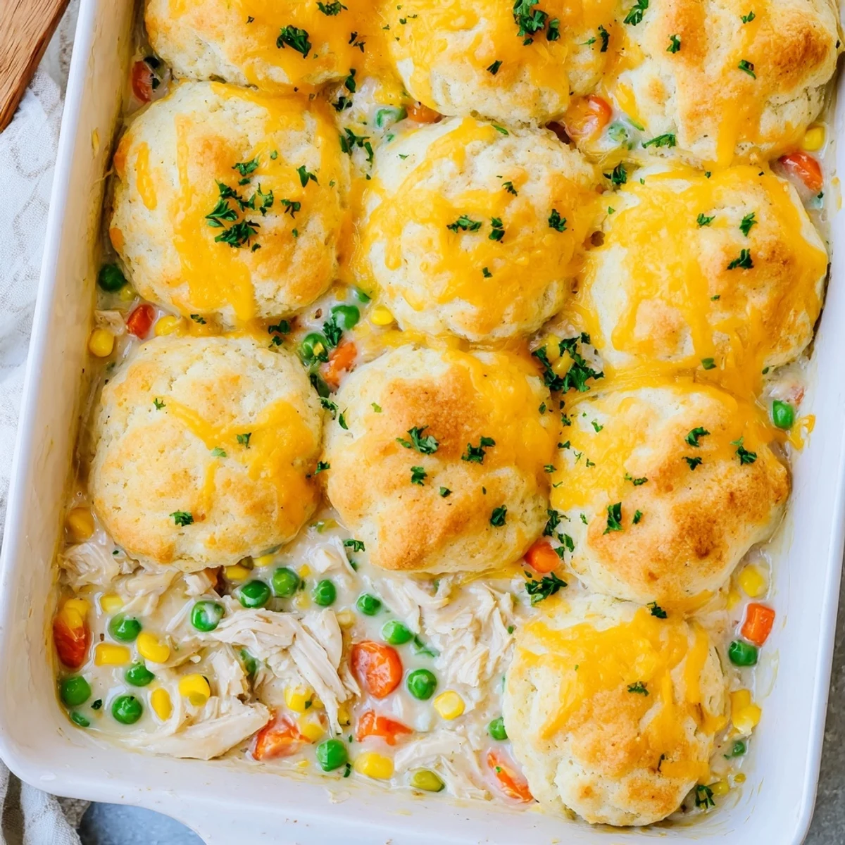 Golden Cheddar Bay Chicken Cobbler with fluffy cheese biscuit topping bubbling in a baking dish